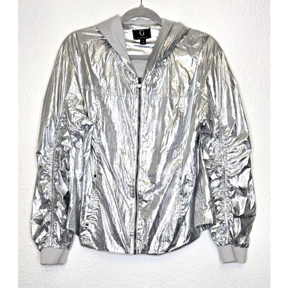 Metallic Bomber Jacket 14 Silver Hoodie Chromecore Rave Festival Futuristic Y2K - Picture 1 of 8